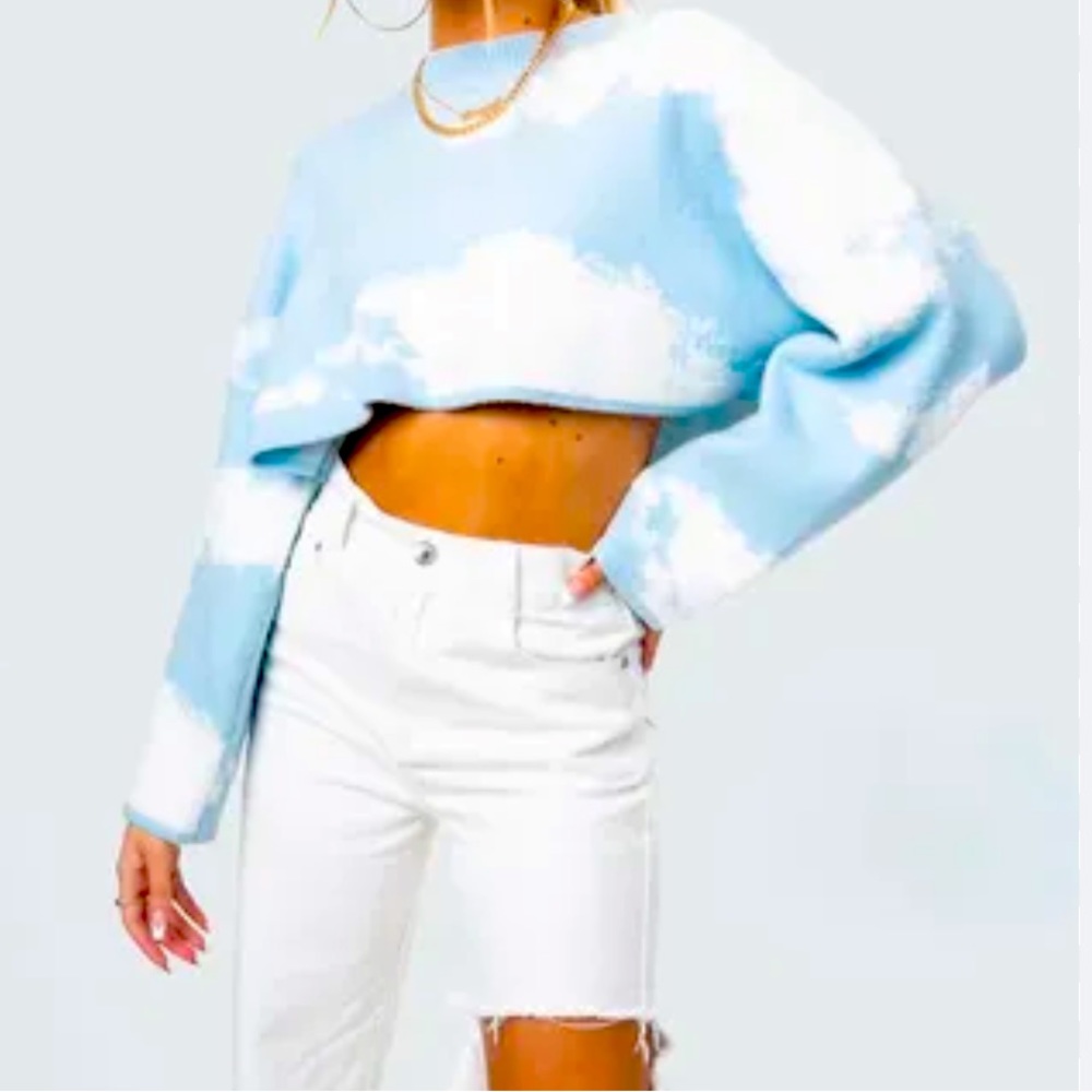 Dolls Kill Blue and White Cloud Print Cropped Crewneck Sweater